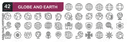 Set of line icons related to globe, earth, gobal, network. Outline icons collection. Editable stroke.