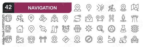 Set of line icons related to navigation, map pin, location, GPS. Outline icons collection. Editable stroke.