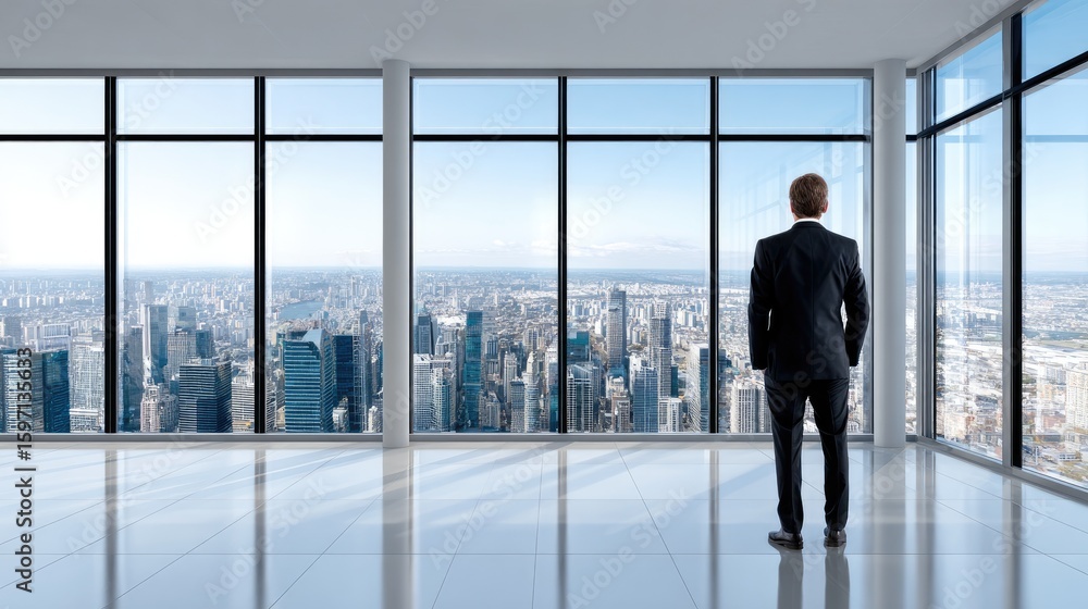 Fototapeta premium Visionary Outlook: A poised and elegant individual, exuding confidence and ambition, gazes out over a vibrant cityscape from a modern, minimalist architectural space. 