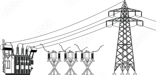 Vector illustration of electric transformer substation with high voltage power lines and pylon tower, perfect for energy, utility, and engineering design