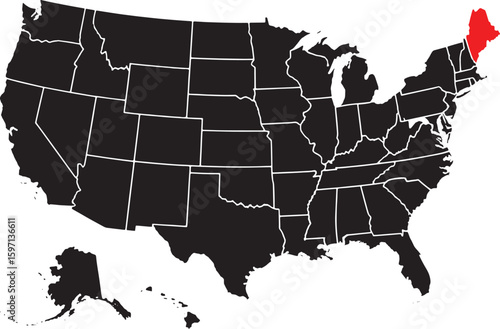 A black and white map of the United States highlighting the state of Maine in red.