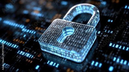 Cybersecurity Shield: A luminous padlock, intricately crafted from digital binary code, rests atop a complex, dark data landscape, embodying security and protection in the digital sphere. 