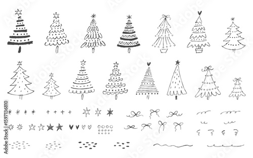 手描きのクリスマスツリーと装飾用素材のセット。ペンで描いた落書きスタイルの線画イラスト。