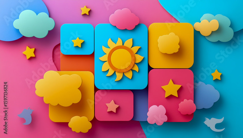 The vector graphic features a vibrant, colorful square background with sun, cloud, and star icons designed for weather apps, rendered in a layered paper-cut style with a clean, modern aesthetic.