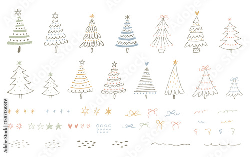 手描きのクリスマスツリーと装飾用素材のセット。ペンで描いた落書きスタイルの線画イラスト。
