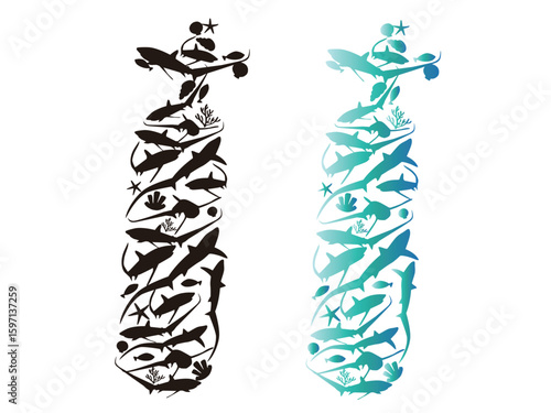 Shark Diving Silhouette with Scuba Tank