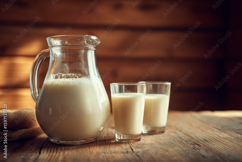 Milk jug & glasses on rustic table Milk jug & glasses on rustic table