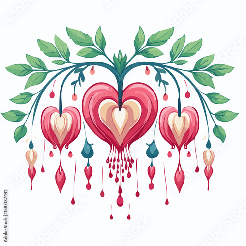 bleeding heart flower with dangling heart-shaped blooms, floating line-art svg vector, transparent background