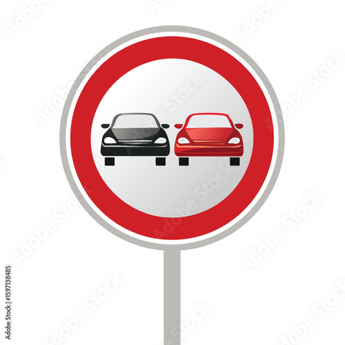 UK No overtake sign for road sign UK for drivers to indicate no overtake sign in UK road prohibition sign placard. Red and black car together prohibition signal no overtaking signs in European road