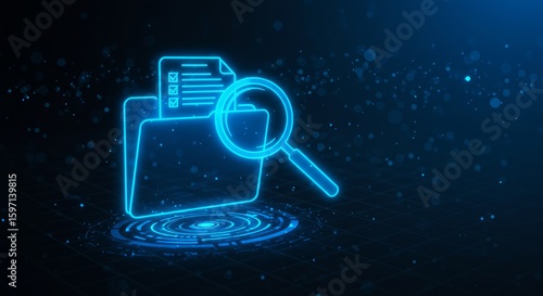 A glowing blue digital icon depicts a folder with a checklist and a magnifying glass on a textured dark background