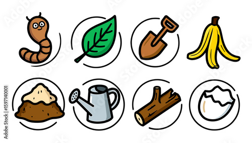 Cartoon compost items including a worm leaf shovel banana peel dirt watering can log and eggshell