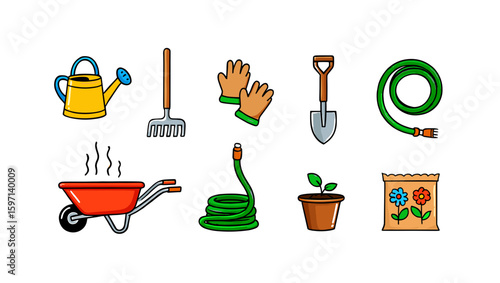 Assortment of gardening tools including watering can, gloves, shovel, and a wheelbarrow is displayed