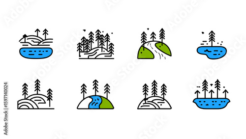 Collection of eight nature icons featuring trees, hills, and water bodies in a minimalist style design