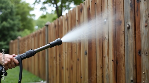 A person uses a high-pressure washer to spray and clean a weathered wooden fence outdoors.