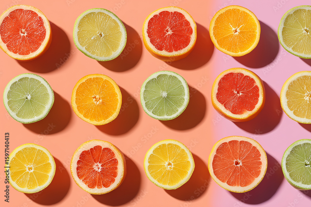 Fototapeta premium Sliced citrus fruits (orange, lemon, grapefruit) laid out in a perfect grid on a pastel background. 