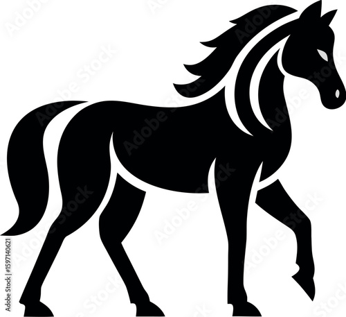 A 2D flat black silhouette of a horse in a smooth canter gait.