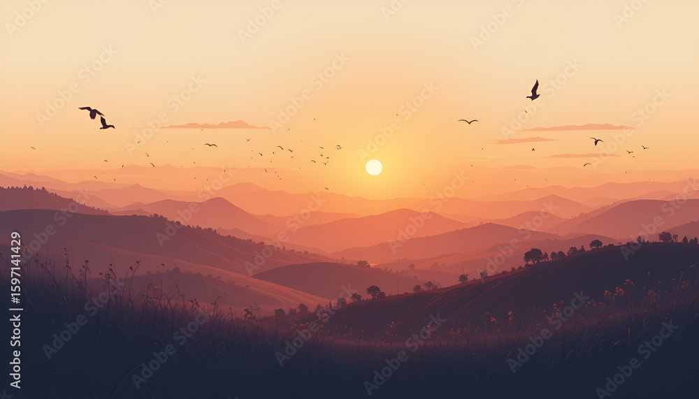 Peaceful sunset over rolling hills with silhouettes of birds flying in the warm orange sky Peaceful sunset over rolling hills with silhouettes of birds flying in the warm orange sky