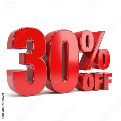 Glossy red 30 percent off sale discount price tag isolated on white background