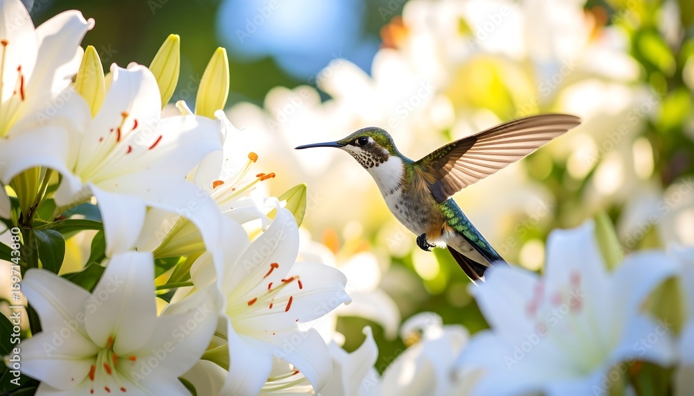 Fototapeta premium Hummingbird in flight amidst white lilies