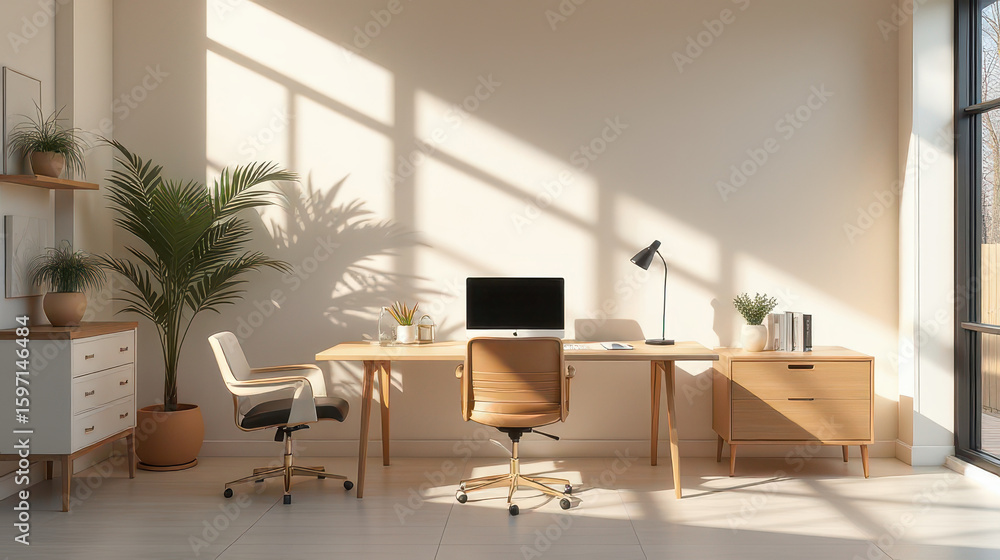 Bright modern office workspace home office interior design minimalist environment daylight view productivity concept Bright modern office workspace home office interior design minimalist environment daylight view productivity concept