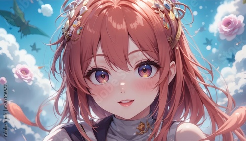Enchanting anime girl amidst dreamy floral skies radiates gentle expression