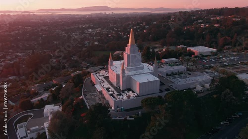 Oakland California Temple of the Church of Jesus Christ of Latter-day Saints at sunset. The temple is a place of worship and religious significance. Oakland, California, USA. 