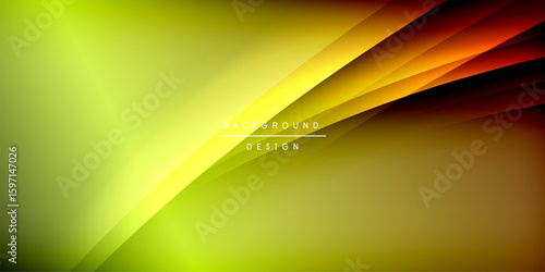 Abstract design features vibrant yellow, orange gradients. Dark background contrasts bright curves, creating dynamic visual effect. Text reads background design.