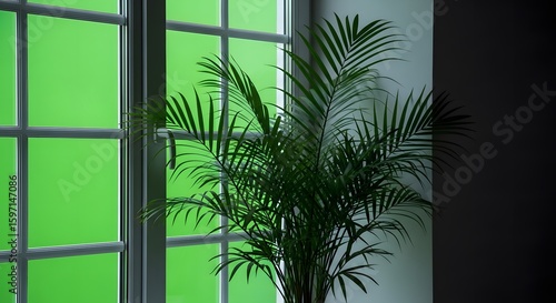 Indoor Green Plant Near Window with Green Screen in Modern Room