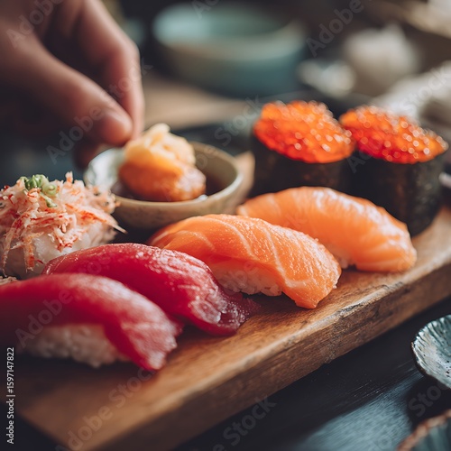 Assorted Sushi Nigiri and Gunkan Maki on Wooden Board with Hand Reaching for Garnish