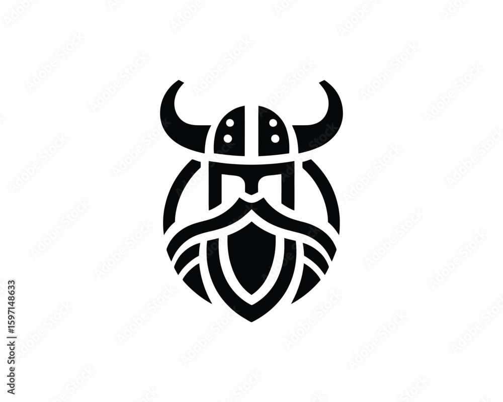 Fototapeta premium Viking Warrior Icon with Horned Helmet and Shield Beard