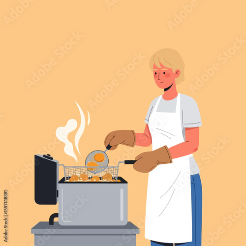 Woman Frying Food in Deep Fryer with Protective Gloves and Apron