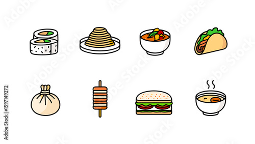 Assorted food items including sushi, burger, taco, soup, and more displayed as vector icons neatly arranged