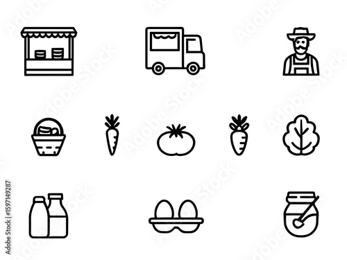 Illustration showing a farmer, market stall, truck, and various fresh produce icons arranged nicely