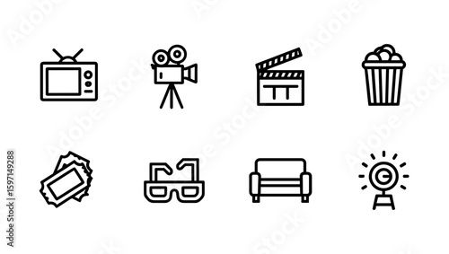 Collection of movie related icons including tv camera clapperboard popcorn and more in a row format