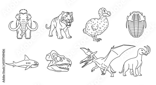 Assorted prehistoric creatures including a mammoth, tiger, dodo, and pterodactyl are displayed here