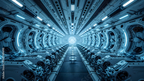Cryogenic Vault with Futuristic Stasis Pod Rows in Soft White & Blue Glow