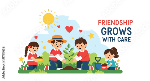 International Friendship Day 2025: Kids Planting Together. Diverse children nurturing a tree, symbolizing how friendship grows with care and unity.