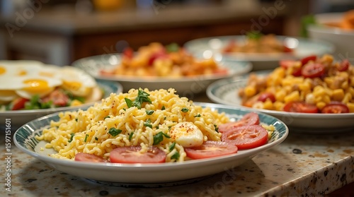 Wallpaper Mural A table laden with various pasta dishes, including a noodle salad with sliced tomatoes and eggs. Torontodigital.ca