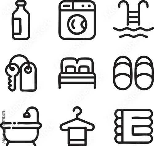 Hotel Amenities: A minimalist collection of illustrated hotel essentials. Depicting clean line, embodying comfort and service.