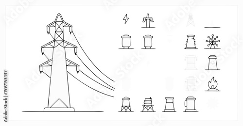 Vector  illustration depicting a power line tower alongside various energy and industrial related symbols and icons