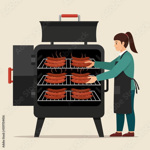 Person Placing Sausages Into a Smoker Grill for Cooking Food