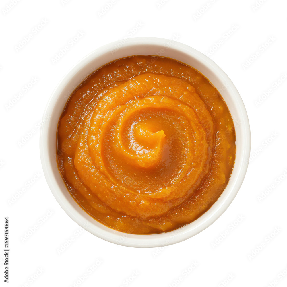 Fototapeta premium A close-up view of creamy pumpkin puree in a white bowl, perfect for autumn recipes and dishes