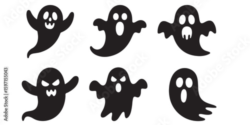 Six black cartoon ghosts with different expressions floating on a white background in vector format