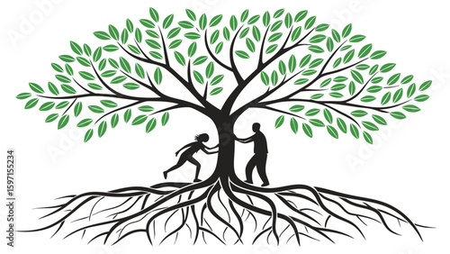 Silhouettes of two people holding hands under a large tree with visible roots