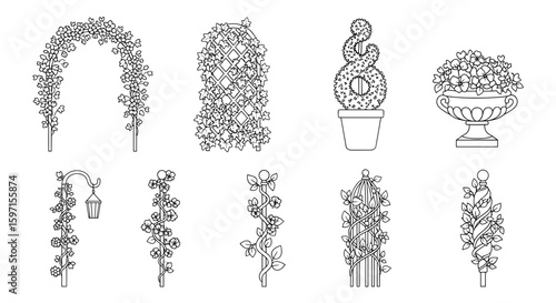 Line art illustration featuring various garden structures and floral arrangements designs shown together