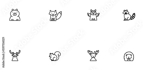Collection of eight different woodland creatures in a minimalist outline style illustration design art