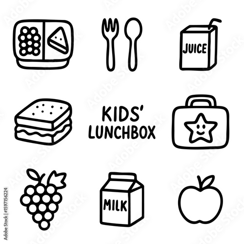 A set of doodle line icons representing kids’ lunchbox items including fruits, sandwiches, juice, milk, utensils, and lunch containers