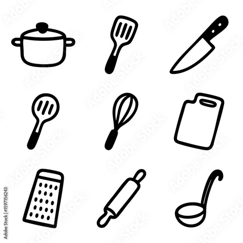 A set of doodle line icons featuring essential kitchen utensils and tools for cooking, baking, and food preparation tasks