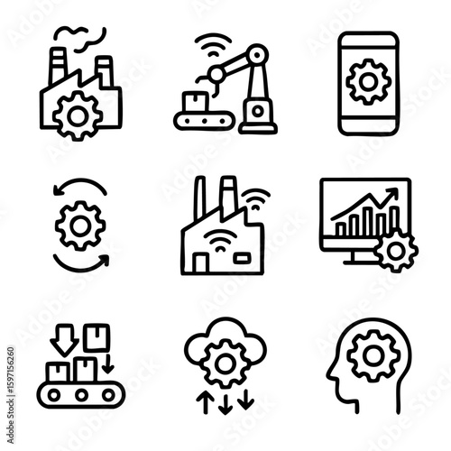 A set of doodle line icons representing smart factory technology, automation, IoT, machine learning, and cloud-based industrial operations