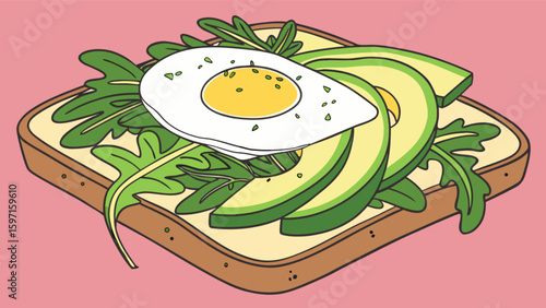 Illustration of avocado toast with a fried egg and arugula on a pink background surface design